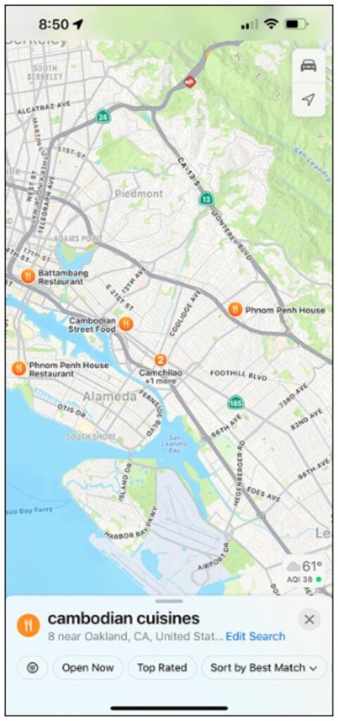 The iPhone maps app search feature showing results for "Cambodian restaurants in and around Oakland"
