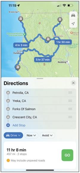 Apple Maps shows a journey with two stops between the start point and the destination.