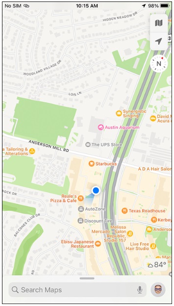 iPhone Maps app with location services indicator