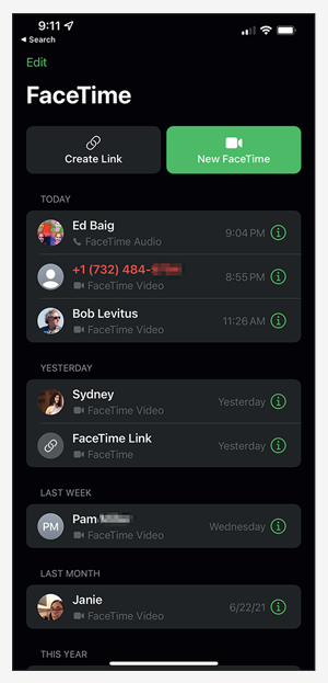 FaceTime contacts list